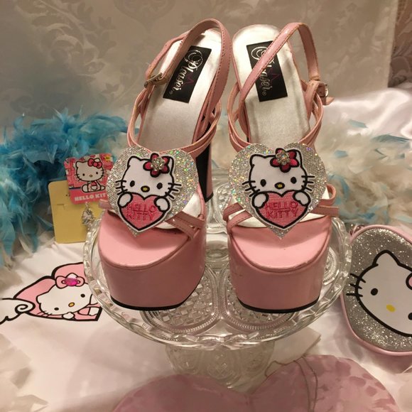 ADORABLE cotton candy pink dream platforms with hello kitty and crystal details! - Picture 3 of 16